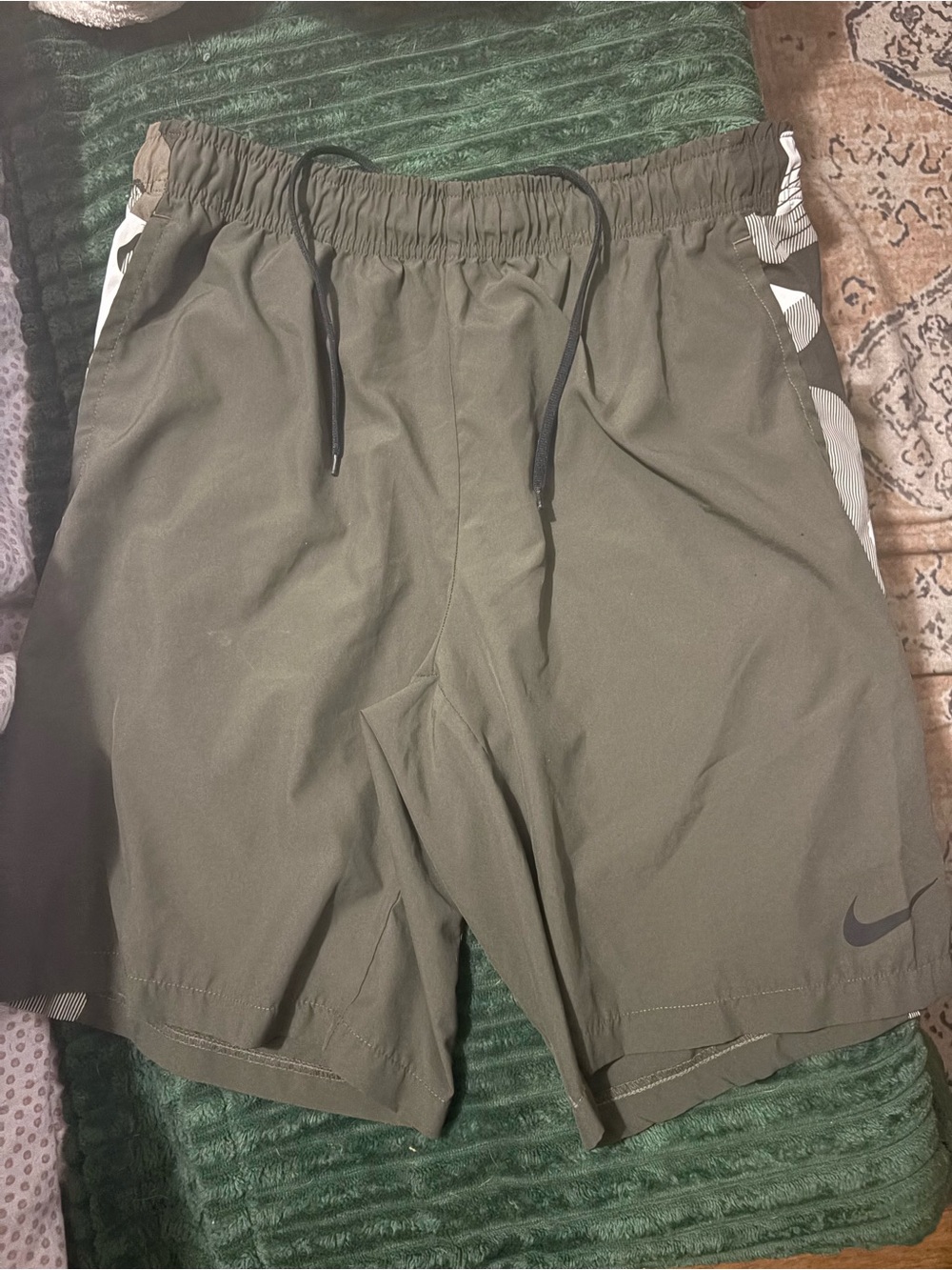 Nike Olive Green Athletic Drawstring Shorts with Side Stripe